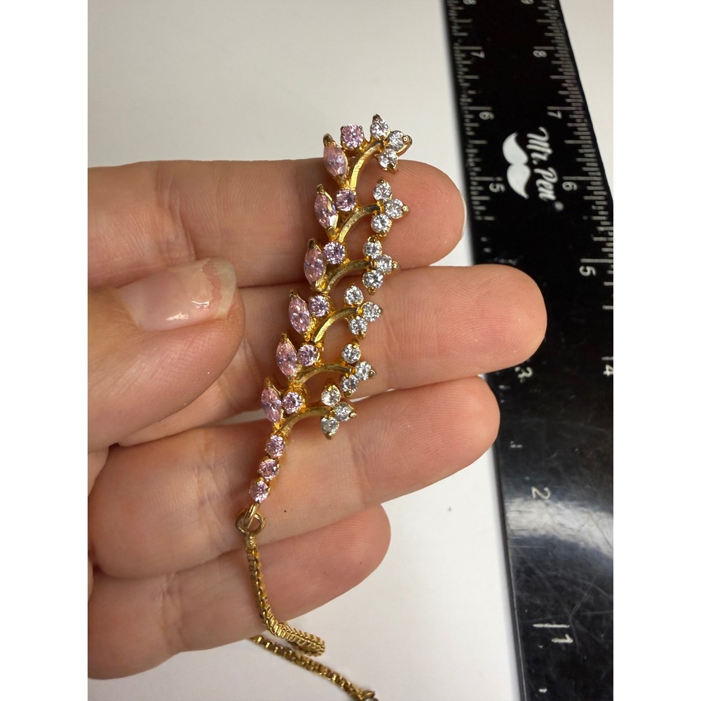 Gold Tone Pink Clear Crystal Floral Vine Hair Chain Maang Tikka Accessory